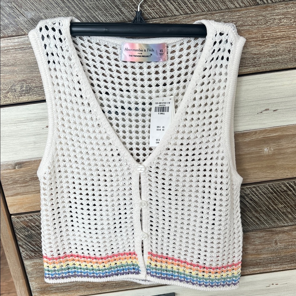 Abercrombie & Fitch White Crochet Vest with Colorful Trim